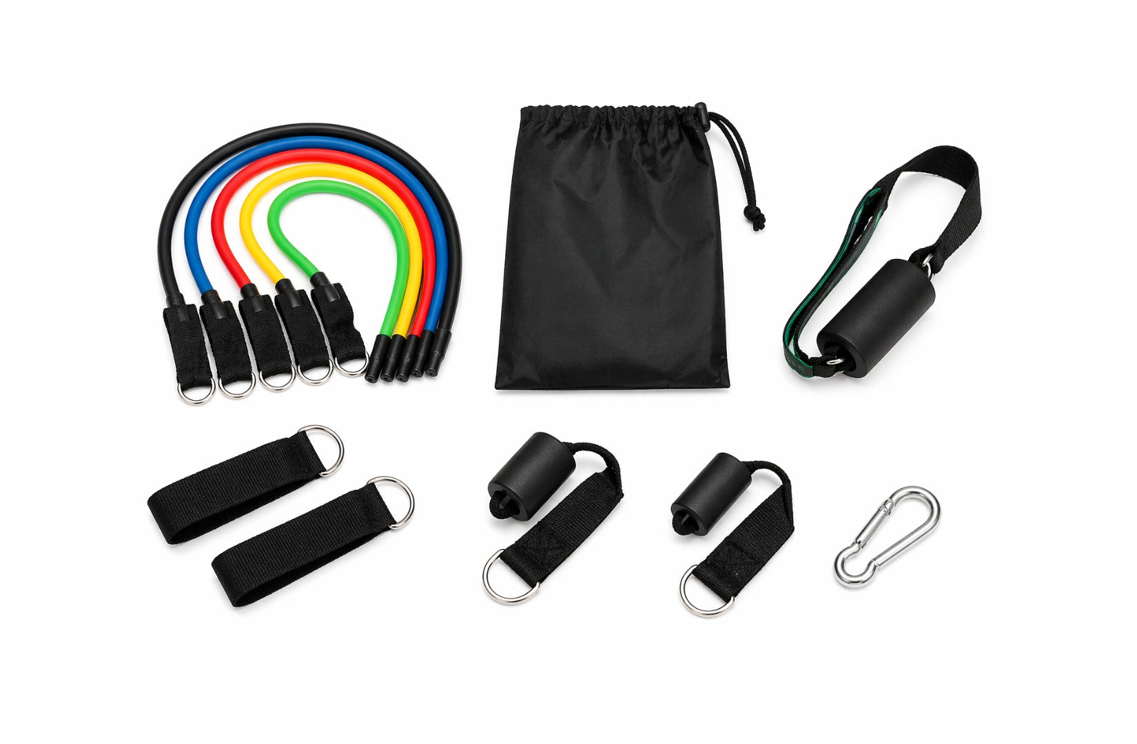 Tap2Own resistance band set includes five colored bands, handles, ankle straps, carabiner, and carry bag for full body workouts.