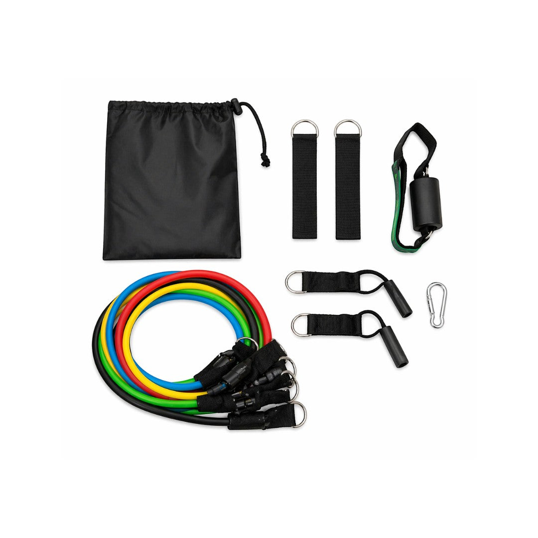 Tap2Own resistance band set with five colored bands, handles, ankle straps, door anchor, carabiner, and carry bag for full body workouts.