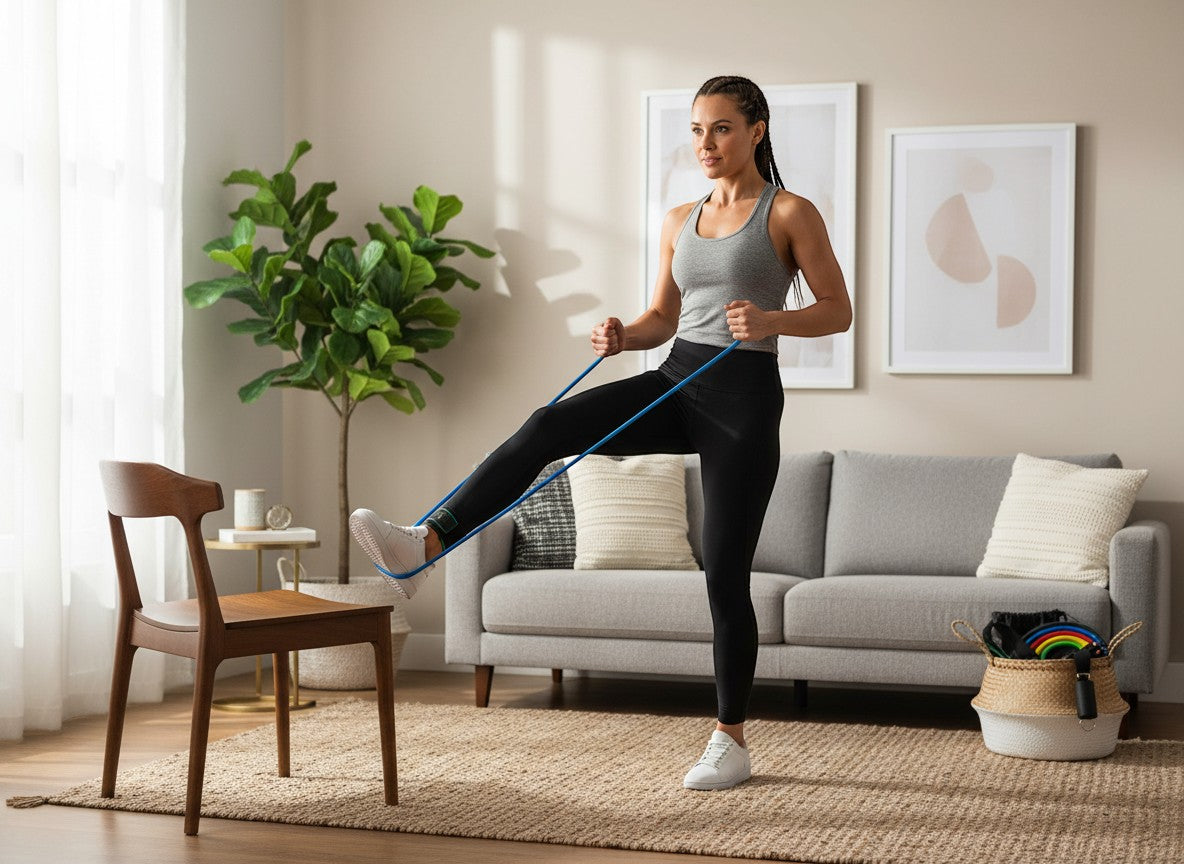 Tap2Own woman in grey tank top and black leggings performing leg exercise with blue resistance band in living room