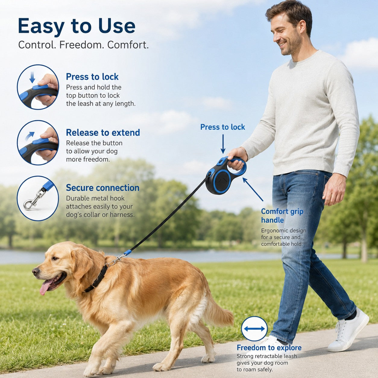 Tap2Own retractable dog leash for small to medium dogs, black and blue with comfort grip handle and secure metal hook.