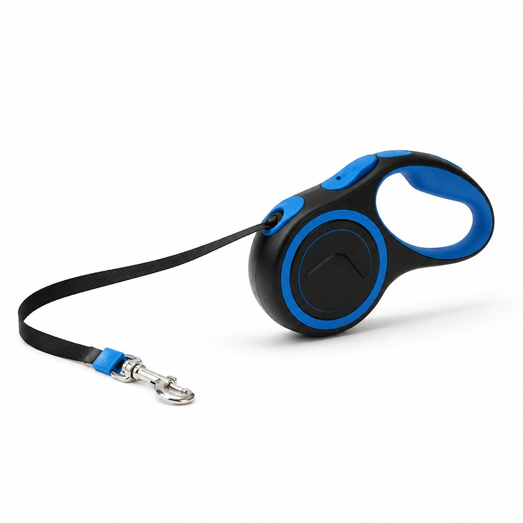 Tap2Own black and blue retractable dog leash with a 3-meter nylon tape and a reliable brake system.