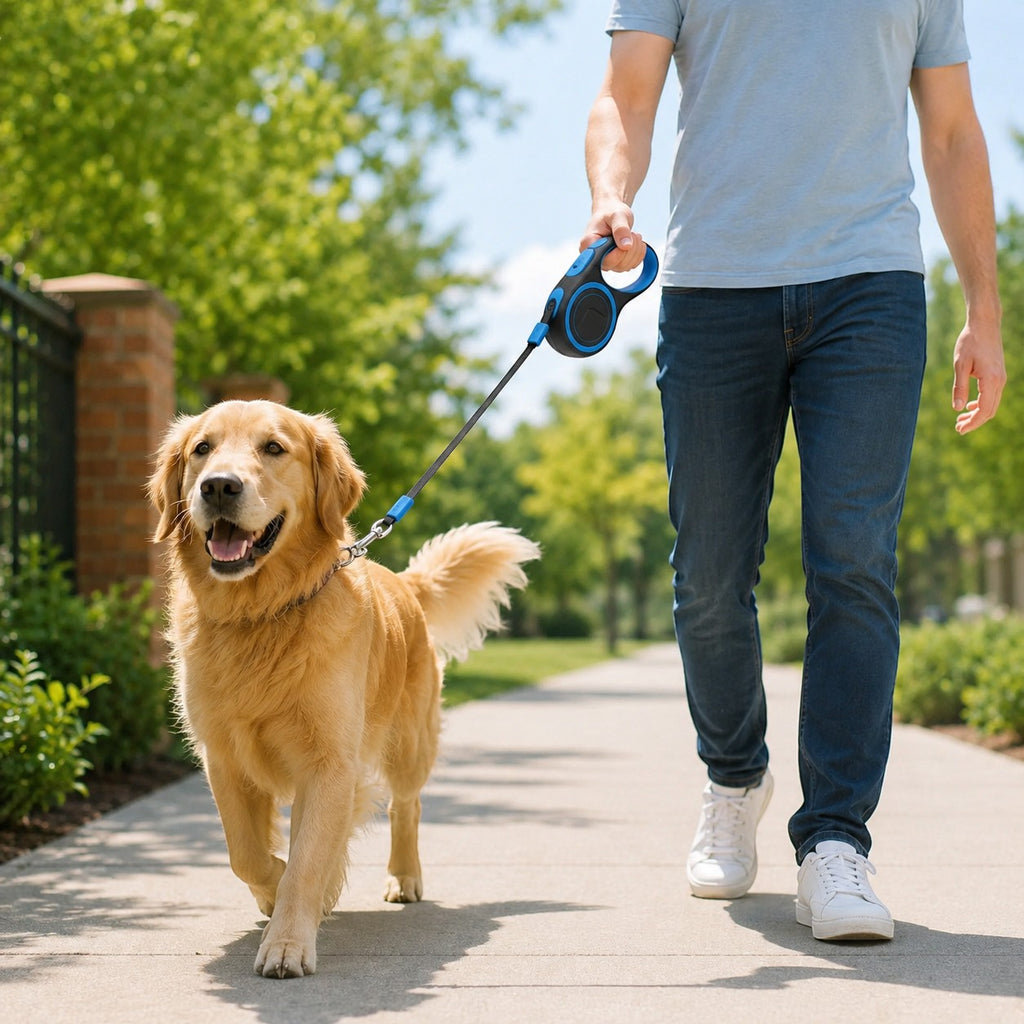 Tap2Own retractable dog leash in black and blue with a golden retriever walking on a sidewalk.