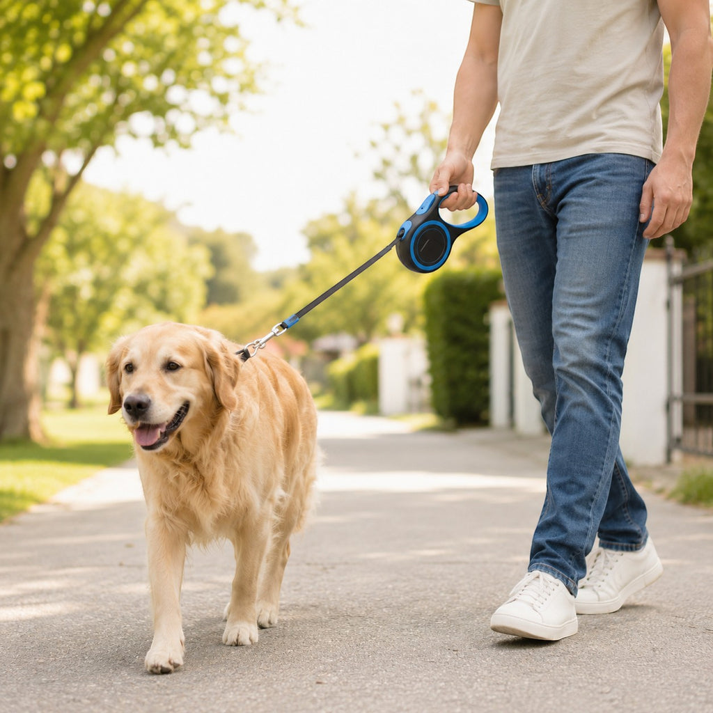 Tap2Own retractable dog leash, blue and black, with a golden retriever walking on a paved path. Features a 3m nylon tape and lock system.