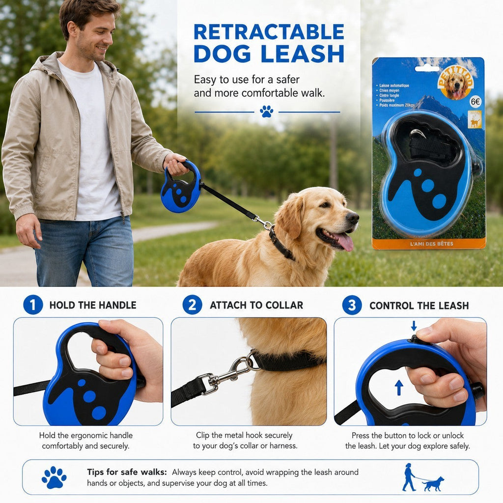 Tap2Own blue and black automatic retractable dog leash with ergonomic handle for medium dogs up to 20kg.