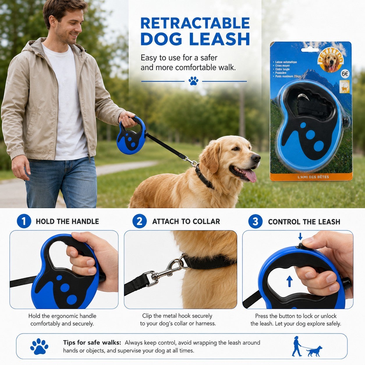 Tap2Own blue and black automatic retractable dog leash with ergonomic handle for medium dogs up to 20kg.
