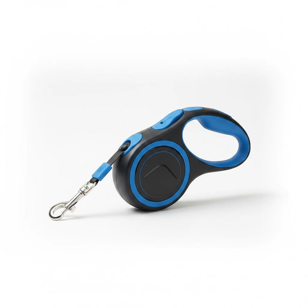 Tap2Own black and blue retractable dog leash with ergonomic handle and 3m nylon tape. Features a reliable brake and lock system.