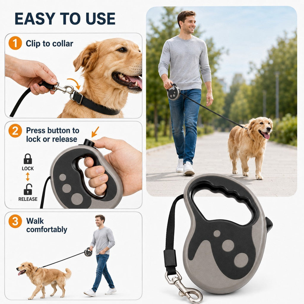 Tap2Own Automatic Retractable Dog Leash, blue and black, ergonomic handle, tangle-free nylon strap, metal clasp.