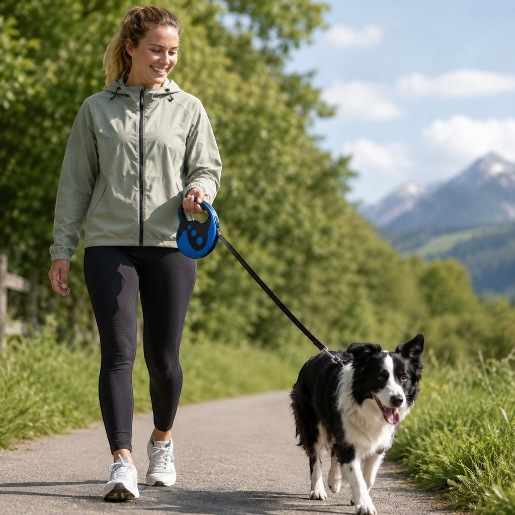 Tap2Own blue and black automatic retractable dog leash with ergonomic handle for walking medium dogs.