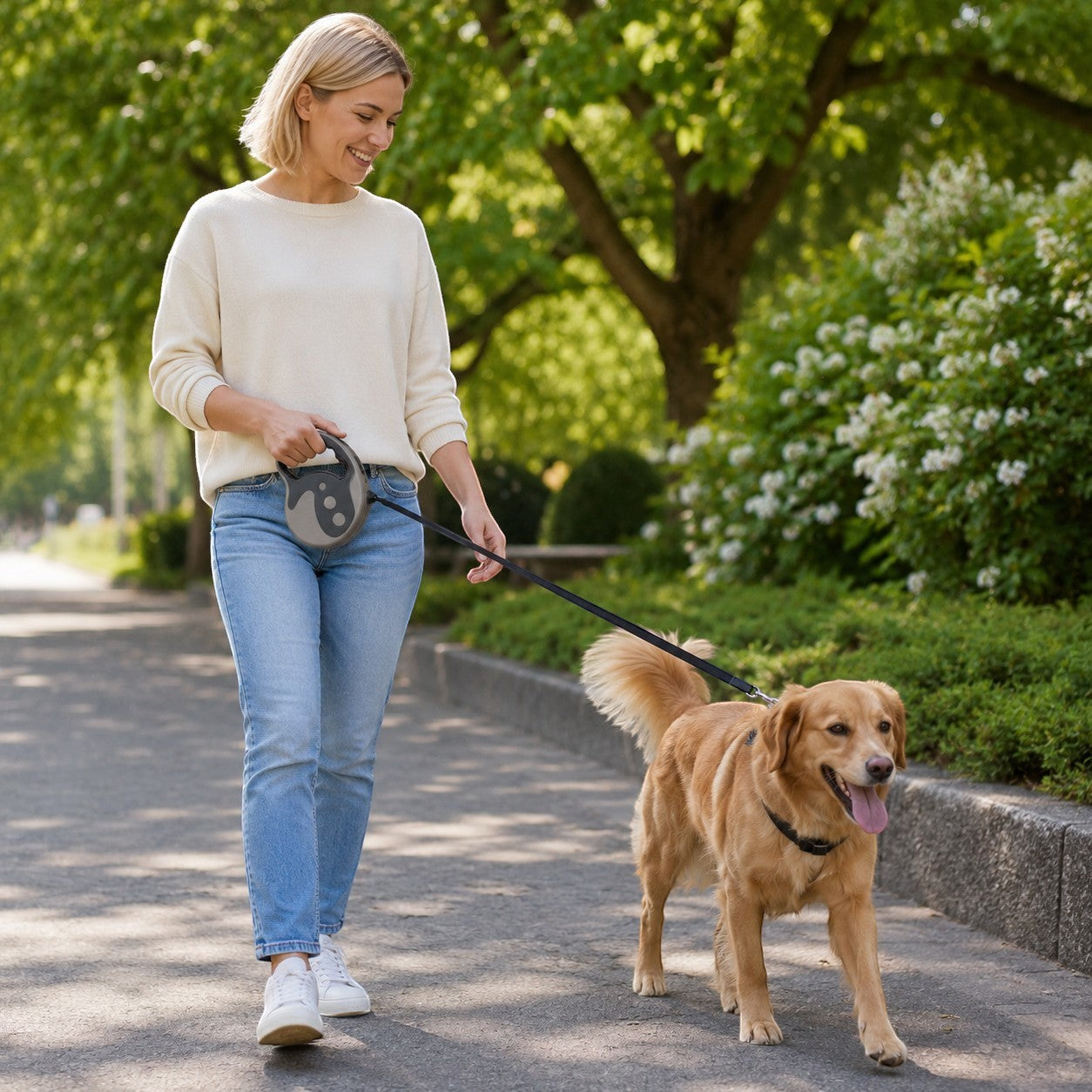 Tap2Own Automatic Retractable Dog Leash in blue and black, with ergonomic handle, for medium dogs up to 20kg.
