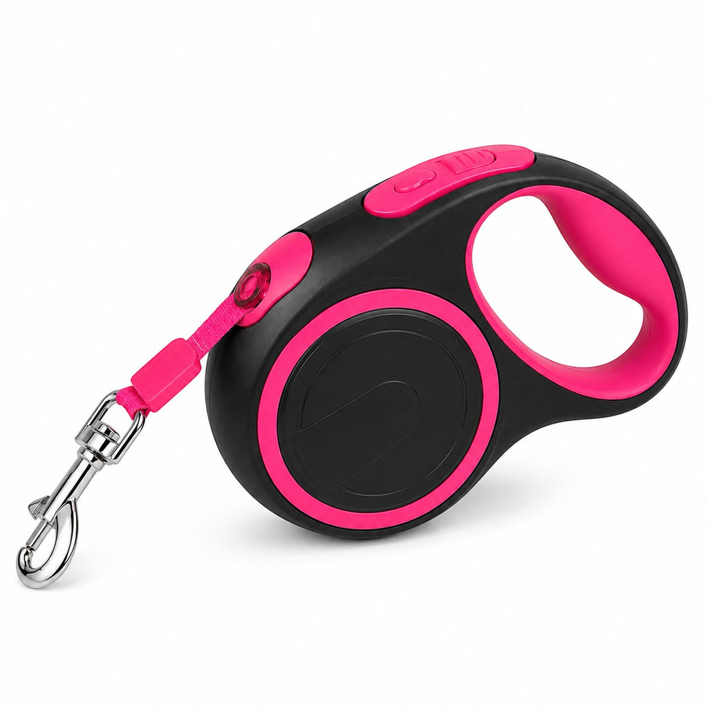 Tap2Own retractable dog leash for small to medium dogs, black with pink accents, 3m nylon tape, brake and lock function.