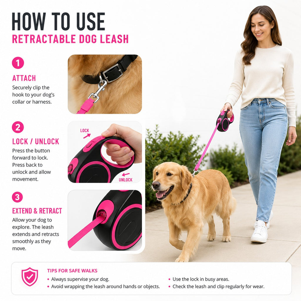 Tap2Own pink and black retractable dog leash with a golden retriever and a woman walking.