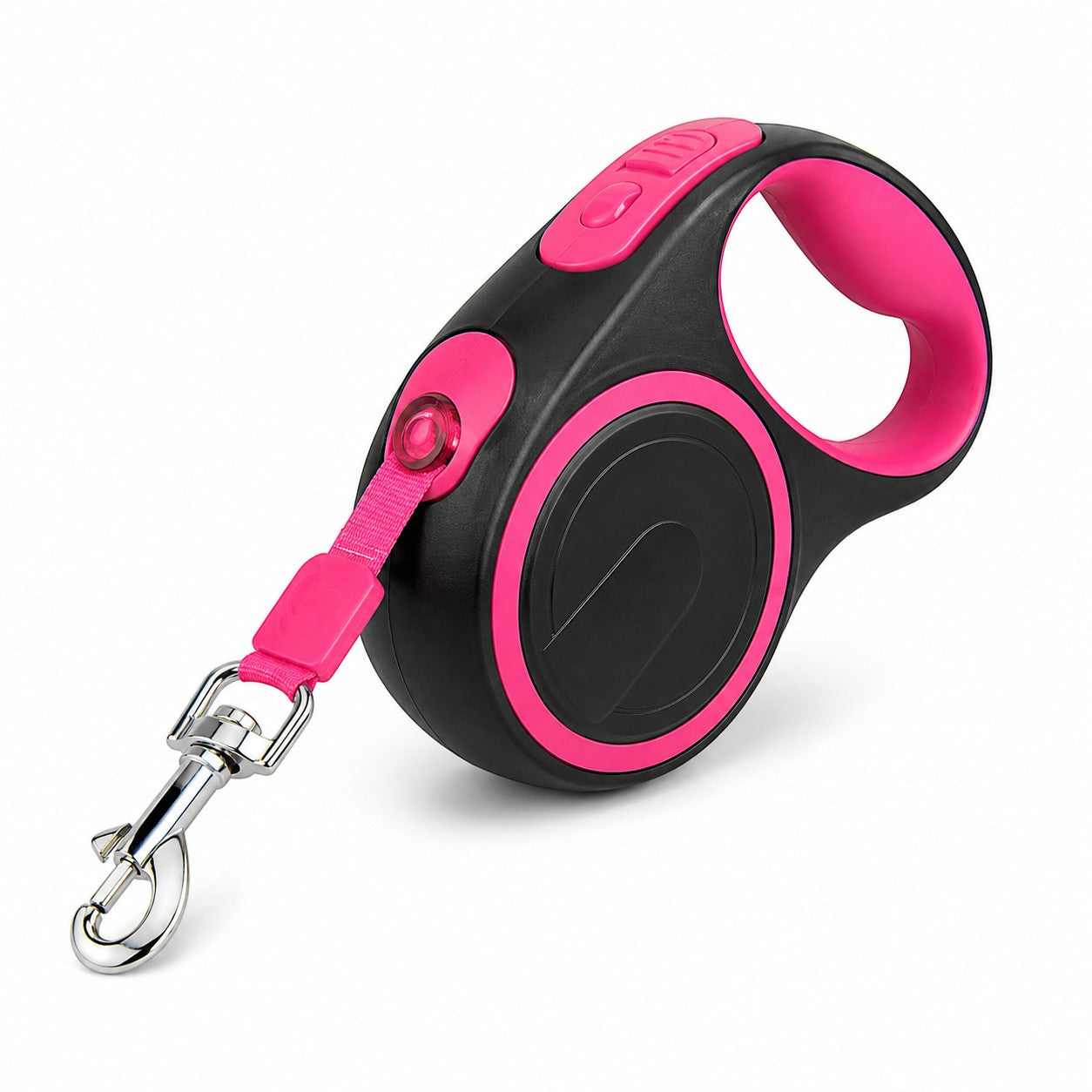 Tap2Own pink and black retractable dog leash for small to medium dogs with nylon tape and lock function.