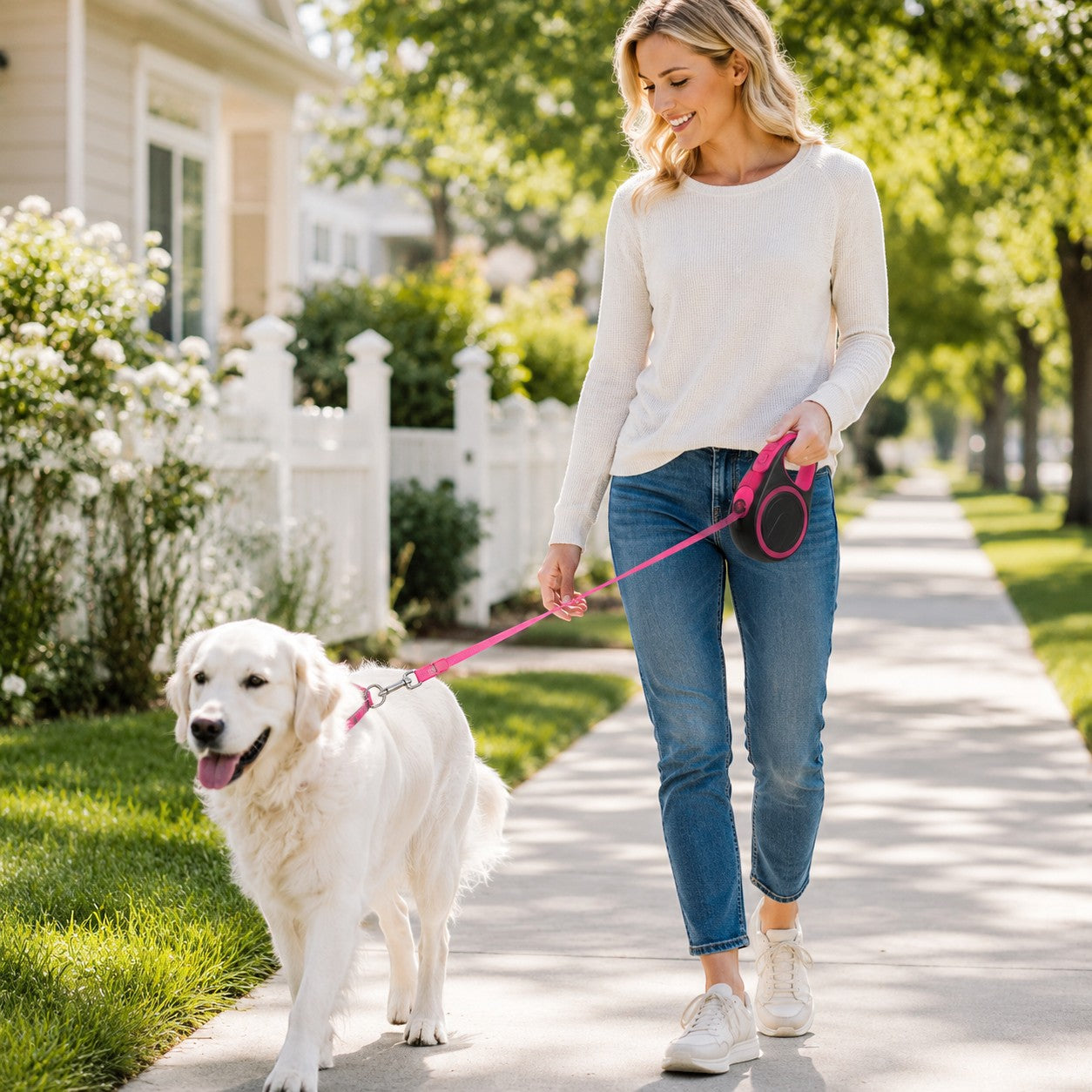 Tap2Own pink and black retractable dog leash with a 3-meter nylon tape and lock function, held by a woman walking a golden retriever.