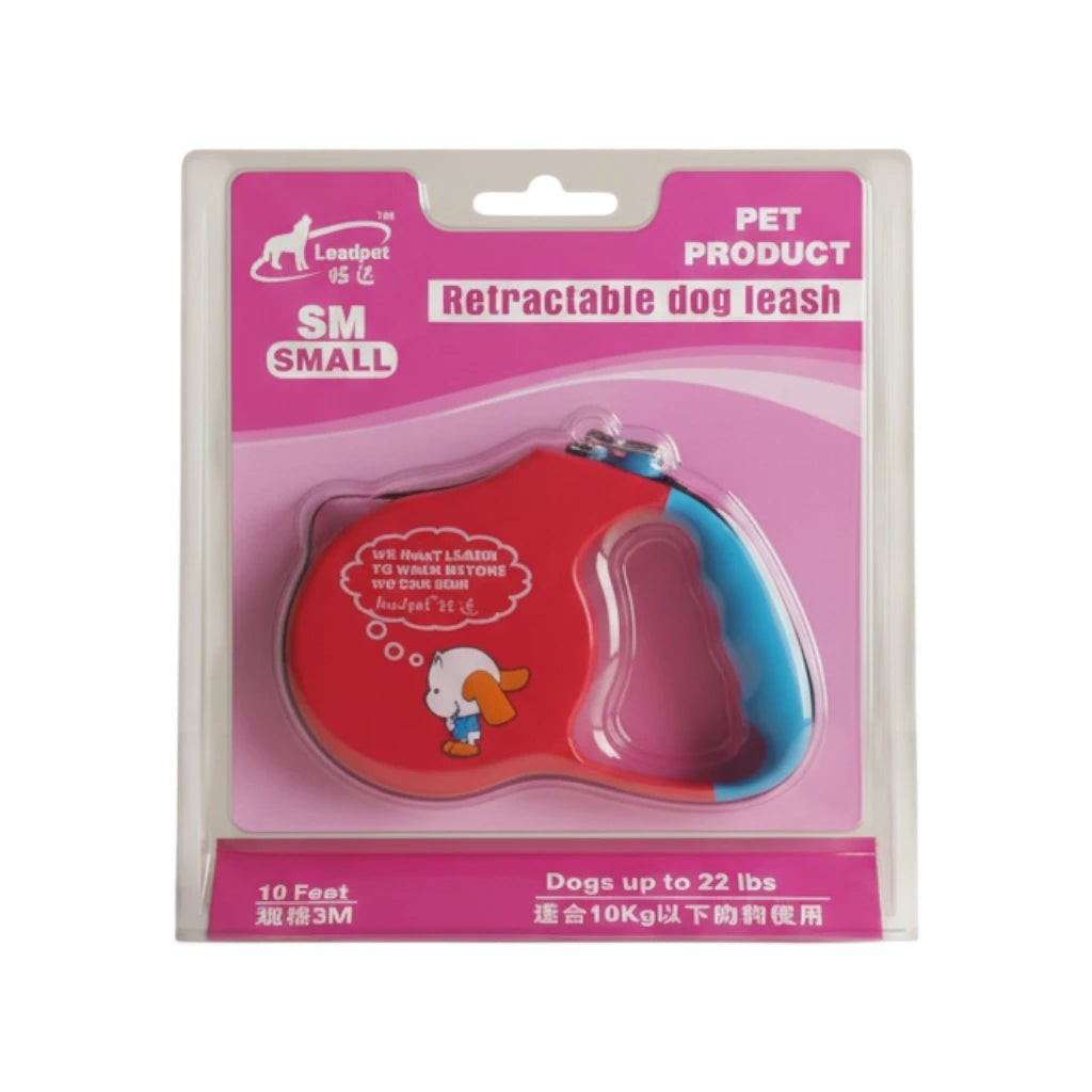 Tap2Own Retractable dog leash in red and blue with a comfortable grip handle and cartoon dog graphic. 10 ft length.