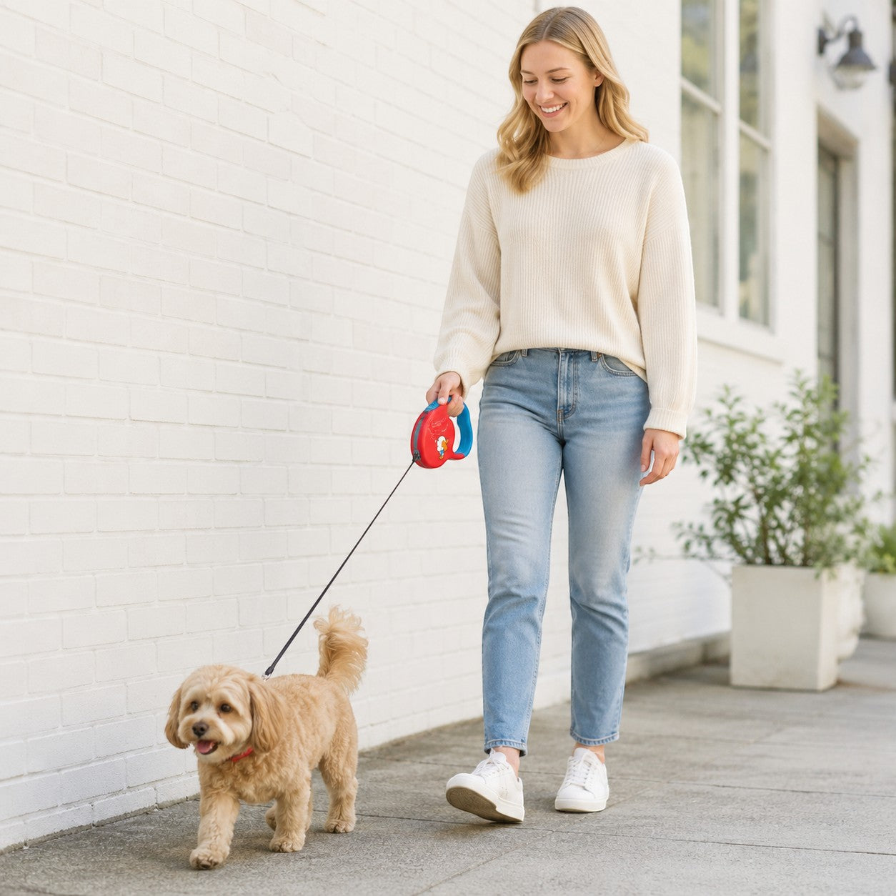 Tap2Own red and blue retractable dog leash with comfortable grip handle, walking a small tan dog
