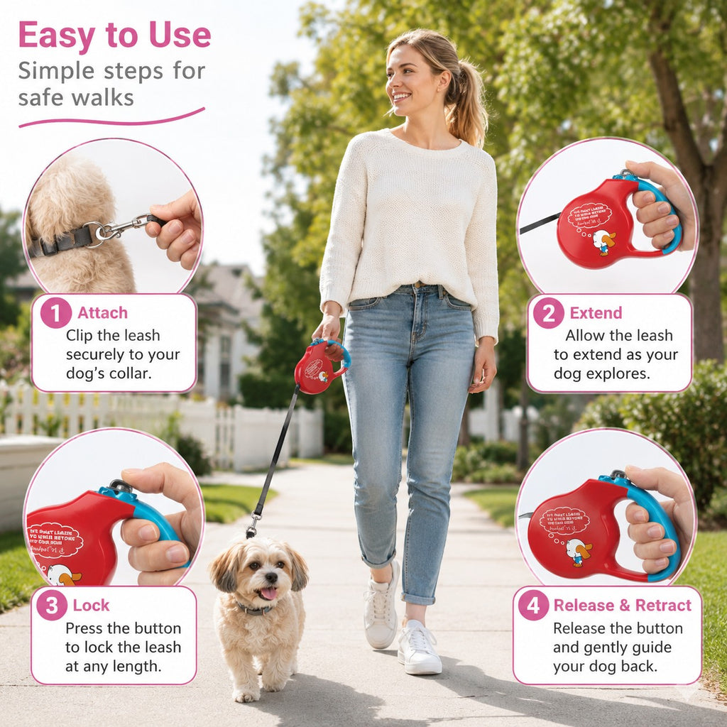 Tap2Own red and blue retractable dog leash with comfortable grip handle, shown with a woman and small dog on a walk.