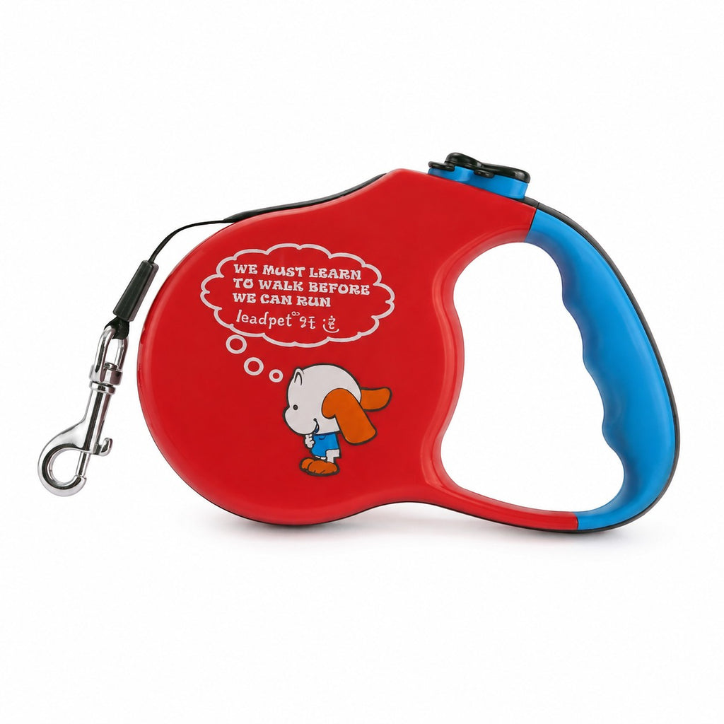 Tap2Own red and blue retractable dog leash with comfortable grip handle and cartoon dog graphic.