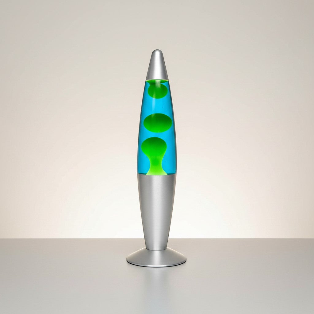 Tap2Own retro lava lamp with blue liquid and green blobs, silver base and cap, for ambient lighting.