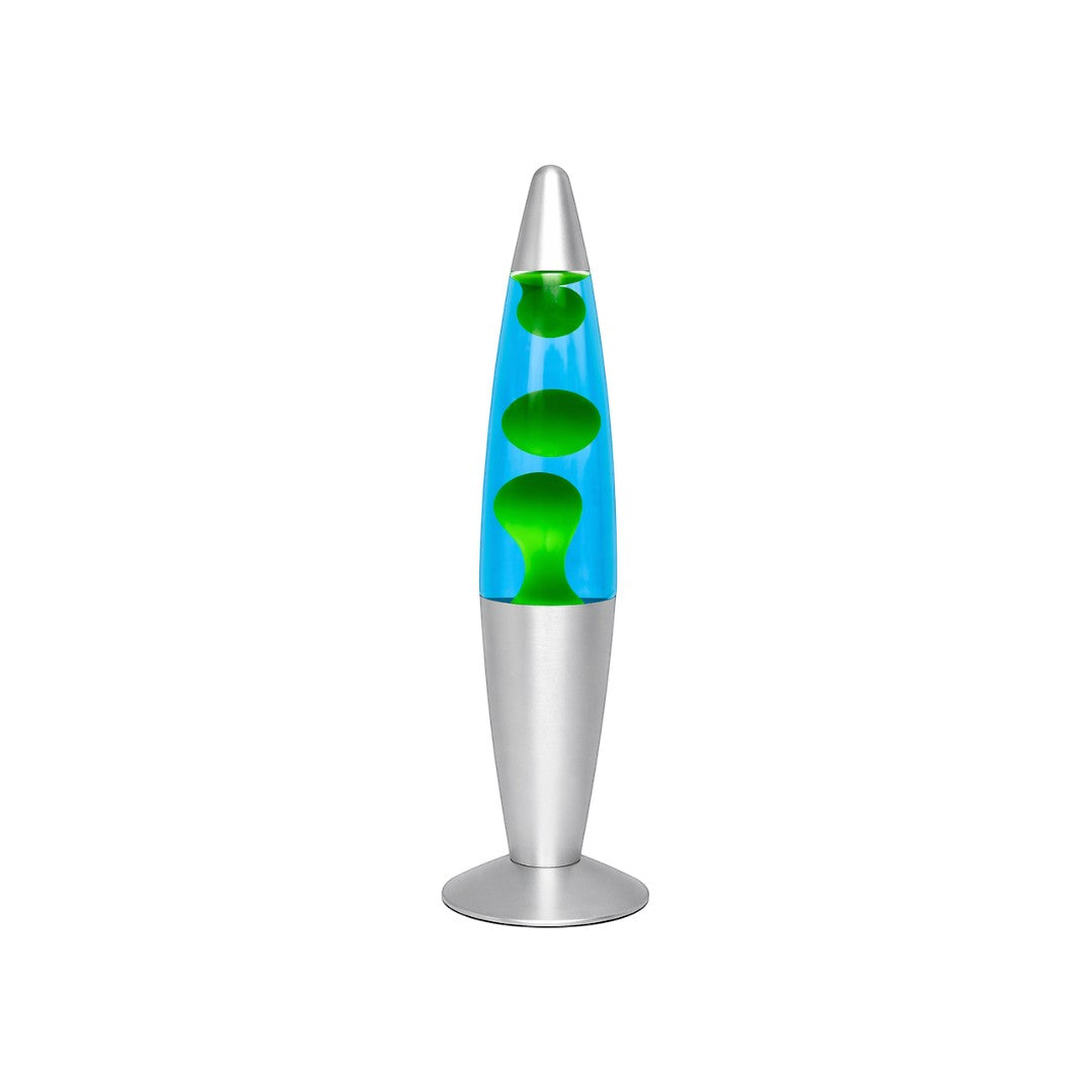 Tap2Own retro lava lamp with blue liquid and green blobs, silver base and cap.