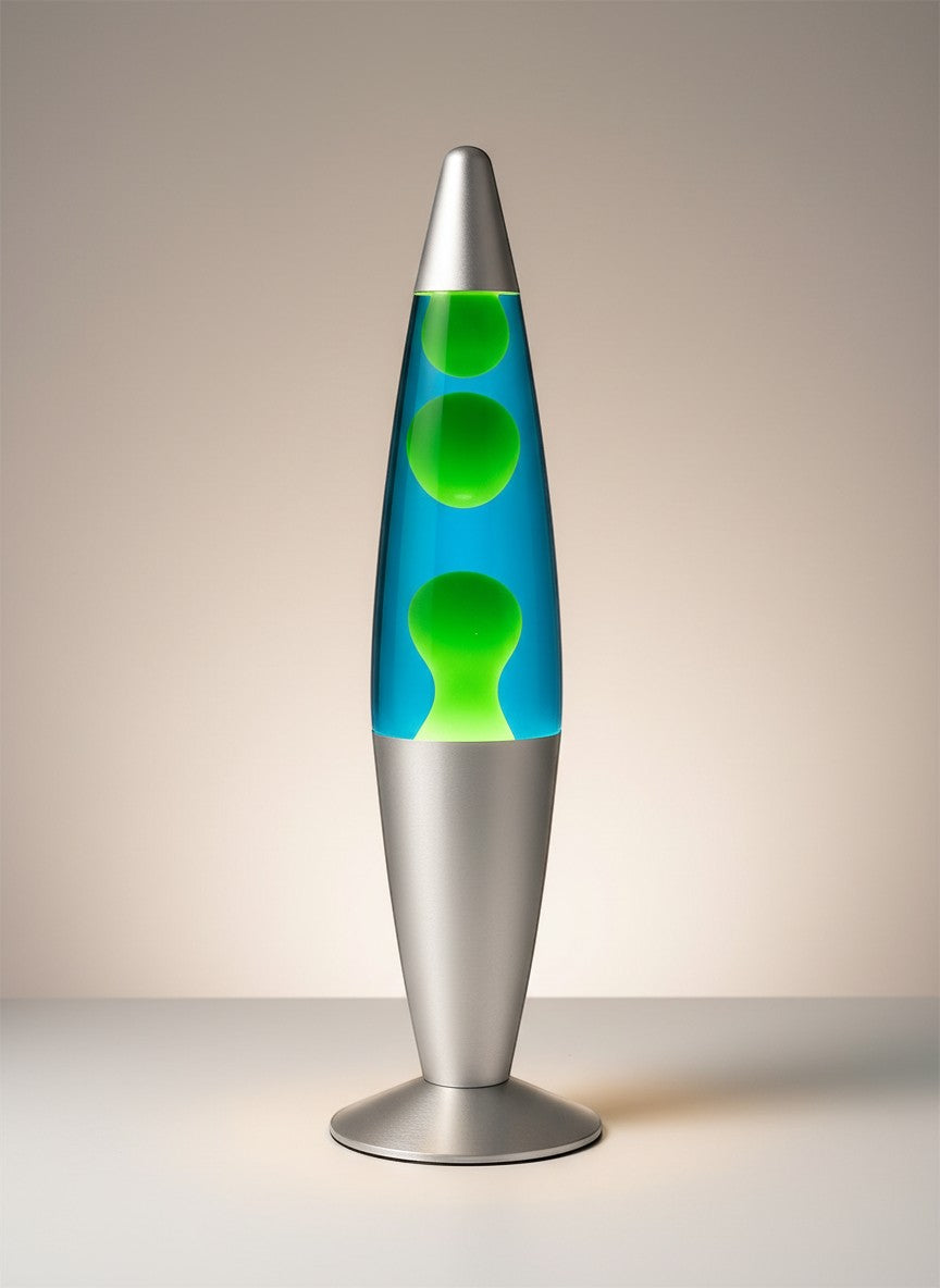 Tap2Own retro lava lamp with green blobs in blue liquid and a silver base, perfect for ambient lighting.