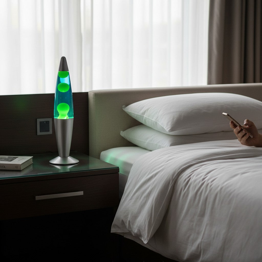 Tap2Own retro lava lamp with green blobs in blue liquid and silver base, on a nightstand next to a bed.