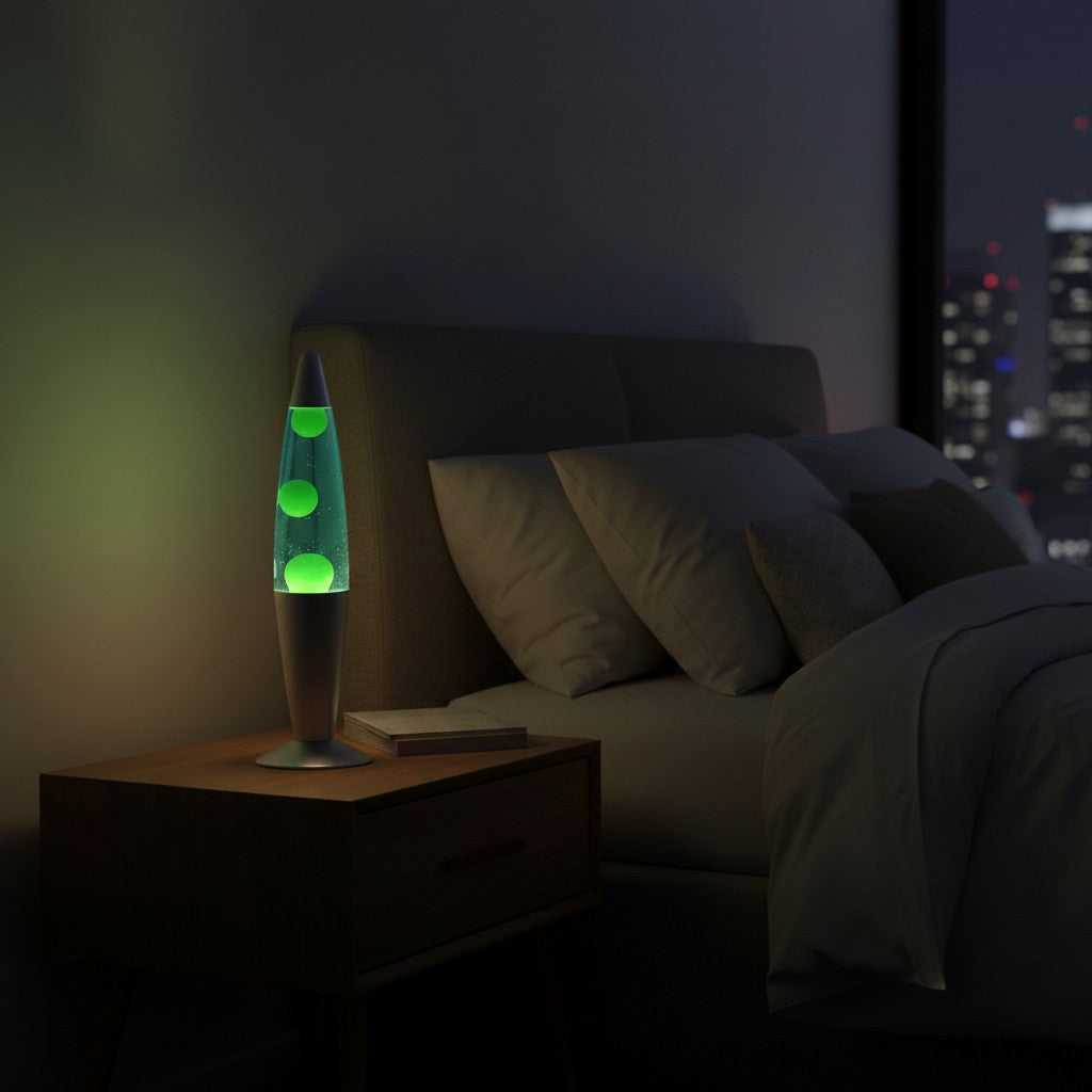Tap2Own retro lava lamp with green blobs in blue liquid, silver base, on a nightstand next to a bed.
