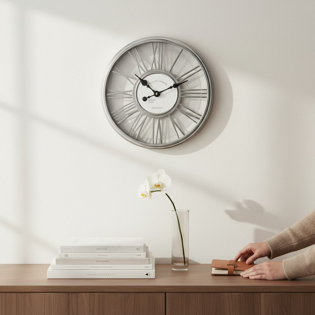 Tap2Own Classic Roman Numeral Wall Clock with silver-tone metal frame and white face. Open-worked numerals.