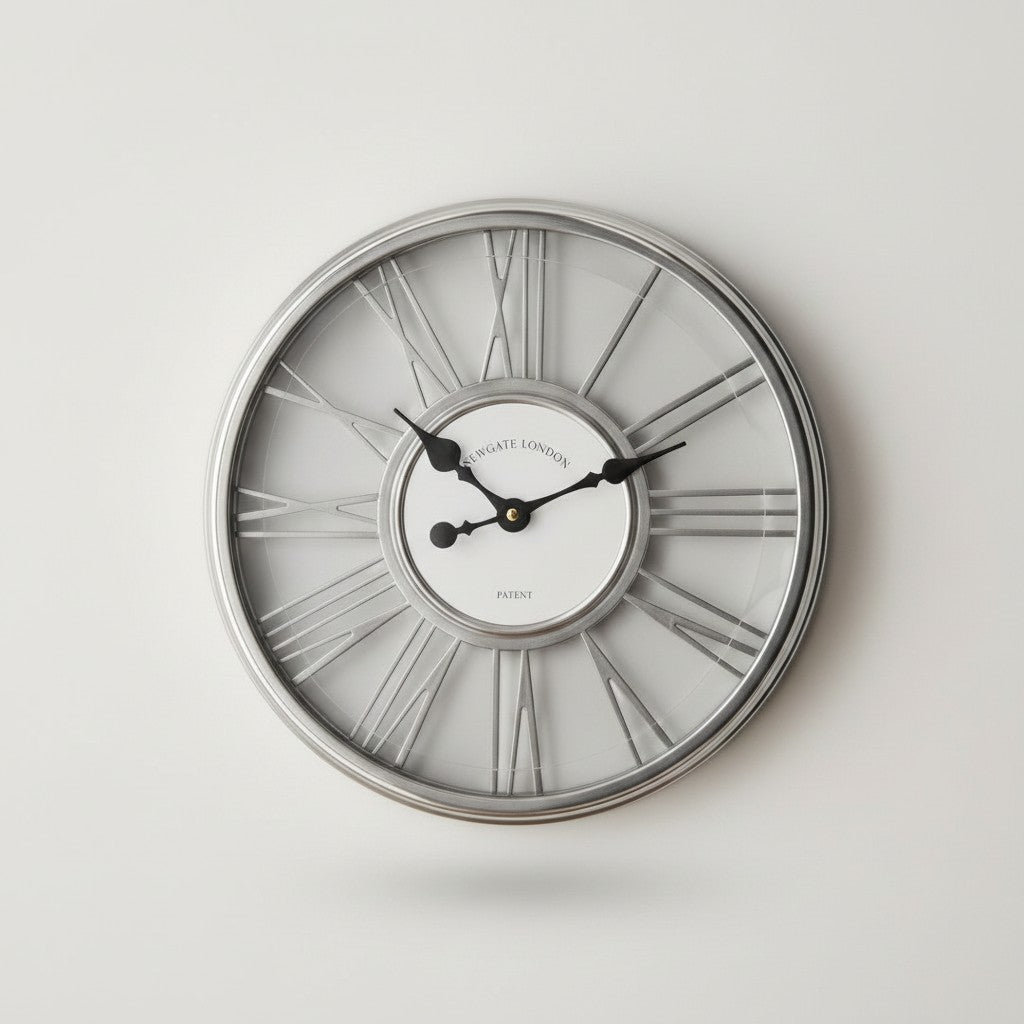 Tap2Own Classic Roman Numeral Wall Clock, silver-tone metal frame, white face with open-worked Roman numerals.