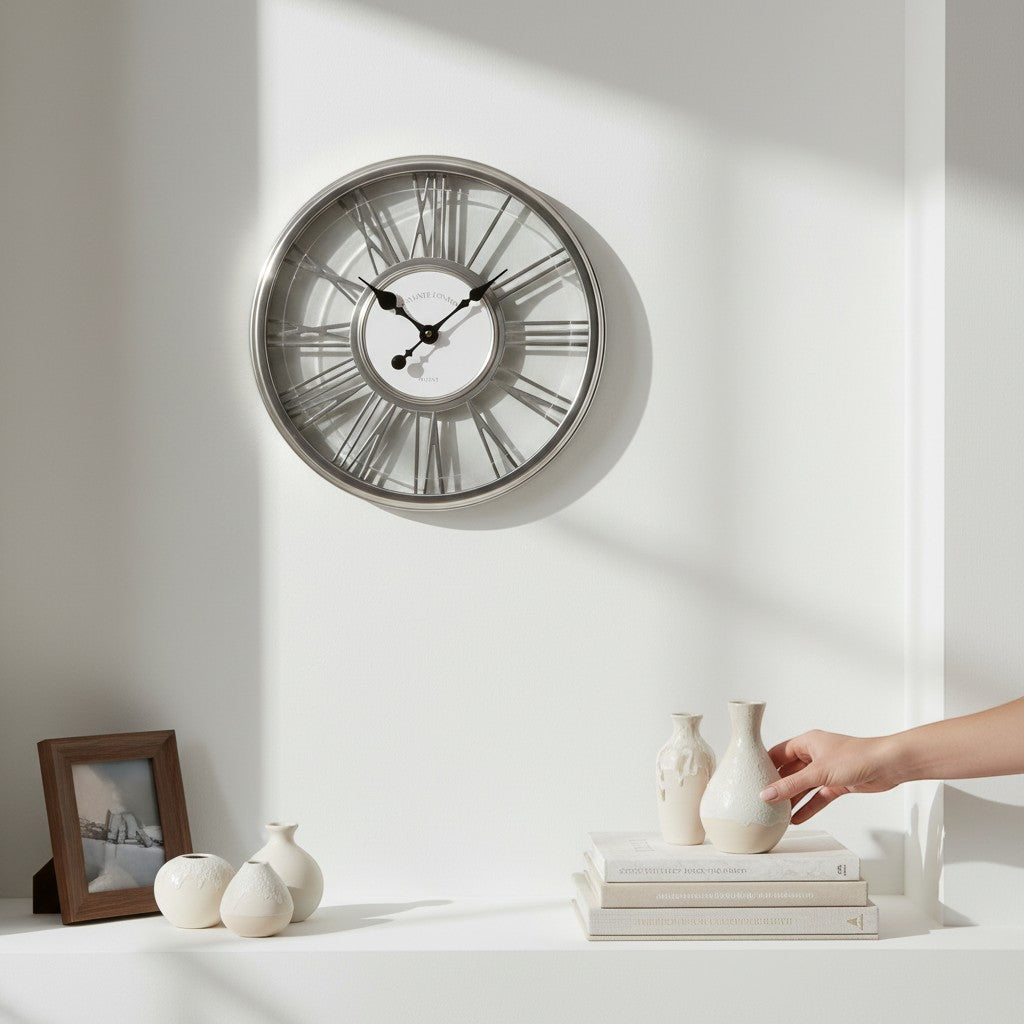 Tap2Own Classic Roman Numeral Wall Clock with silver-tone metal frame and white face. Open-worked numerals add sophistication.