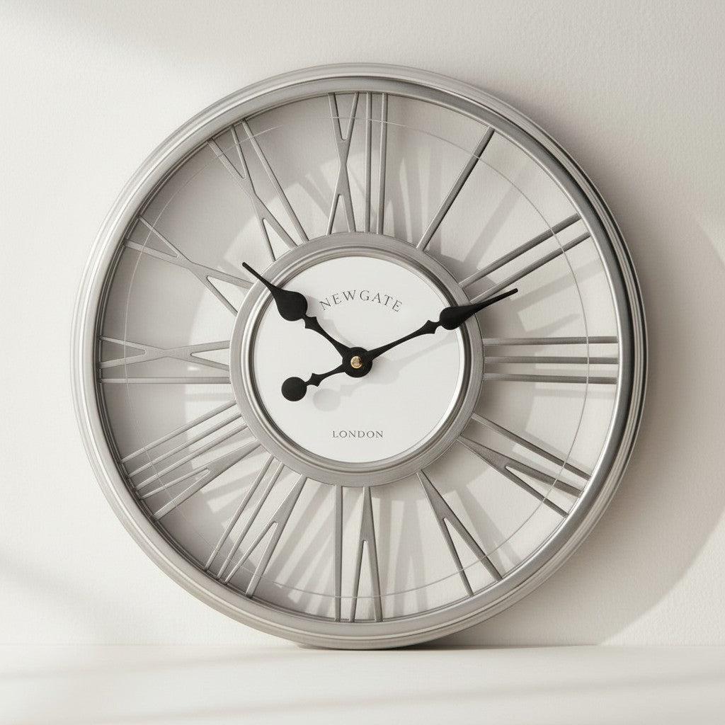 Tap2Own Classic Roman Numeral Wall Clock, silver-tone metal frame, white face with open-worked Roman numerals and black hands.