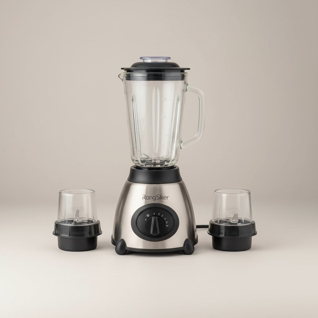 Tap2Own RongSiker stainless steel blender with glass jar and two grinder cups. Features a silver base and black controls.
