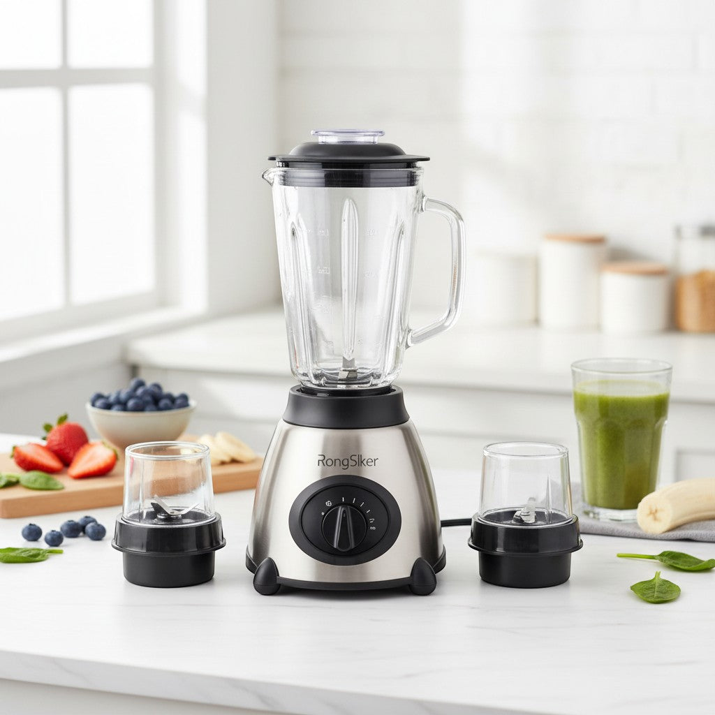 Tap2Own RongSiker stainless steel blender with glass jar and two grinder cups, perfect for smoothies and spices.