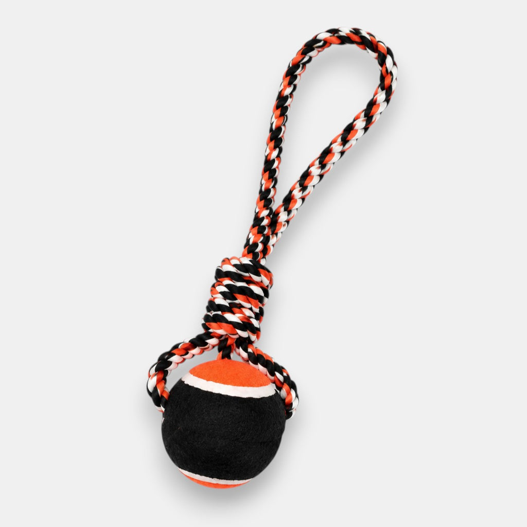 Tap2Own orange, black, and white braided rope dog tug toy with a tennis ball.