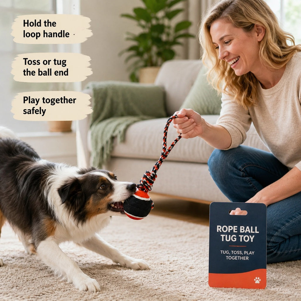 Tap2Own dog rope ball tug toy with orange, black, and white braided rope and a black ball with orange trim.