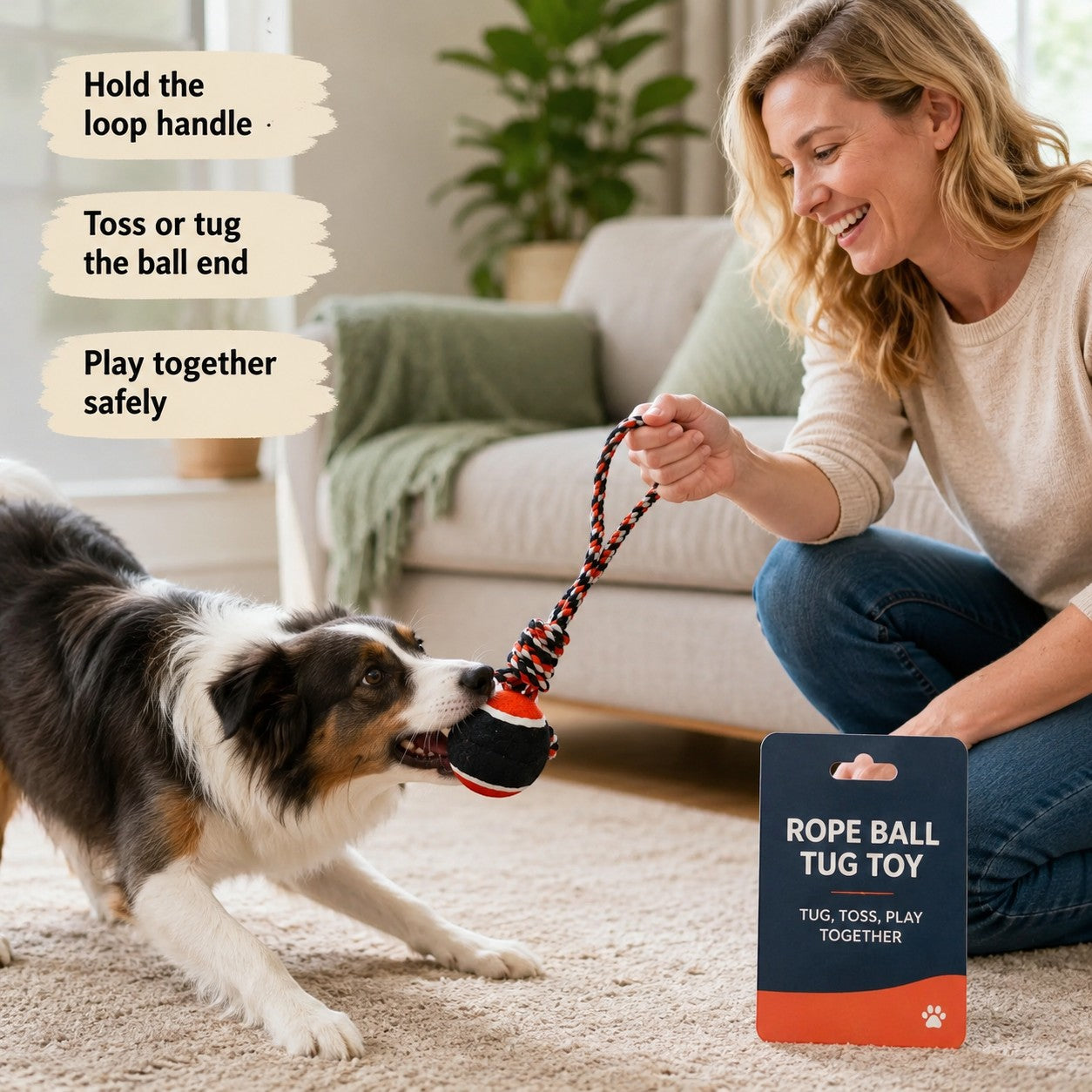 Tap2Own dog rope ball tug toy with orange, black, and white braided rope and a black ball with orange trim.