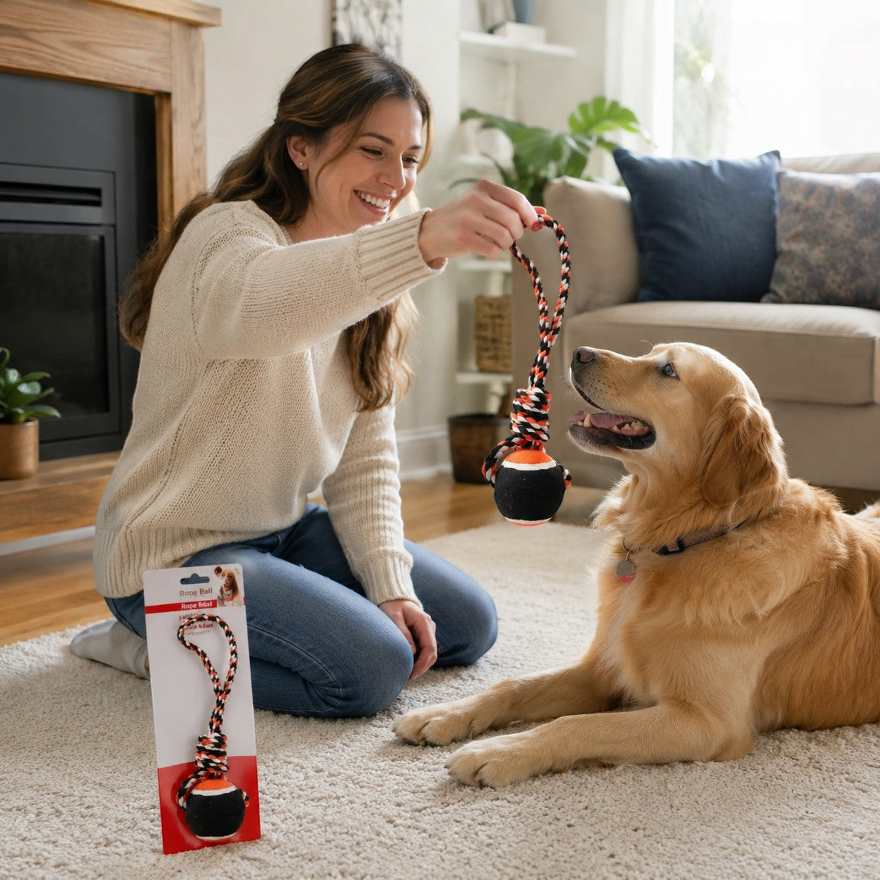 Tap2Own orange, black, and white braided rope ball tug toy for dogs with a comfortable grip.