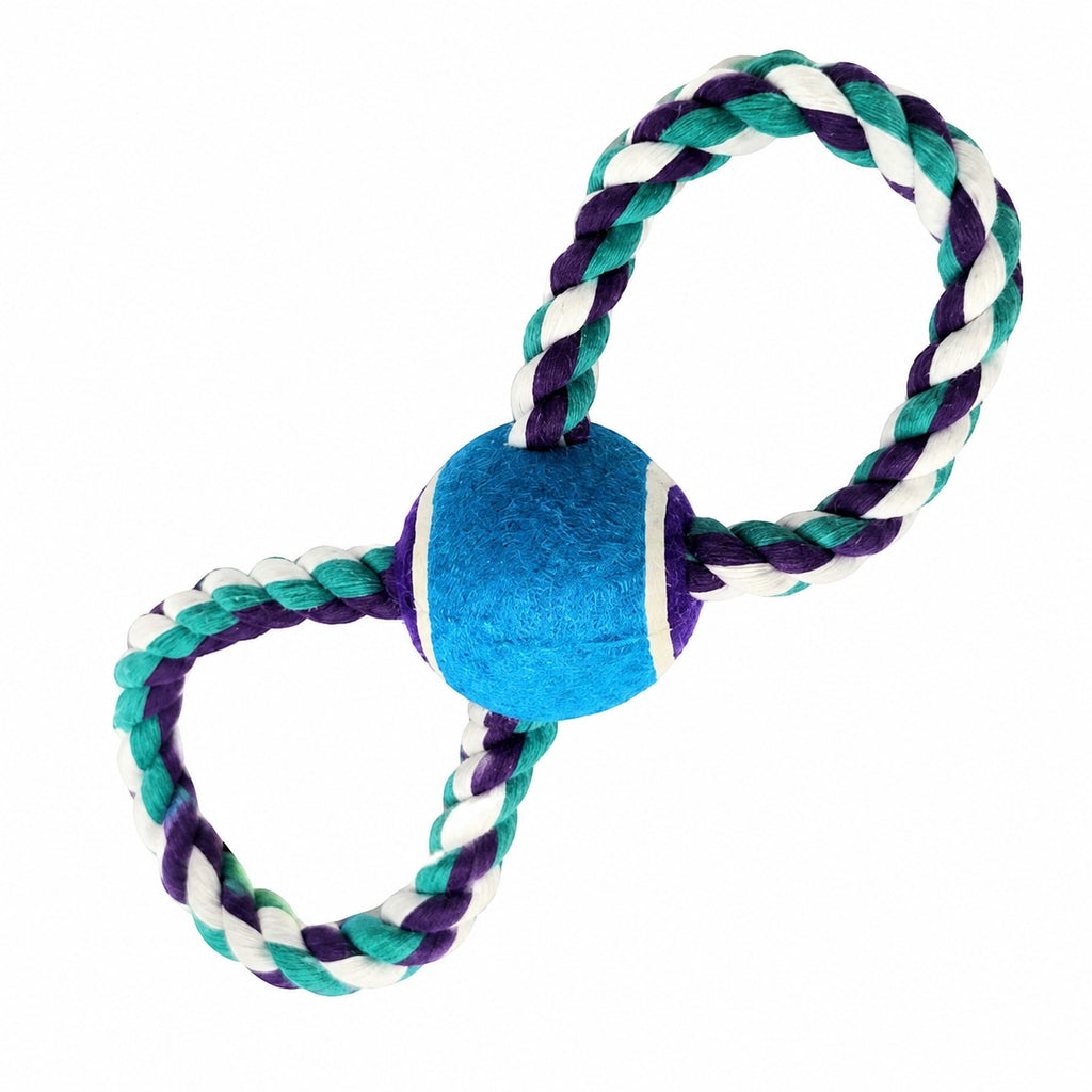 Tap2Own braided rope dog toy with a blue tennis ball, featuring a figure-eight design in purple, teal, and white.