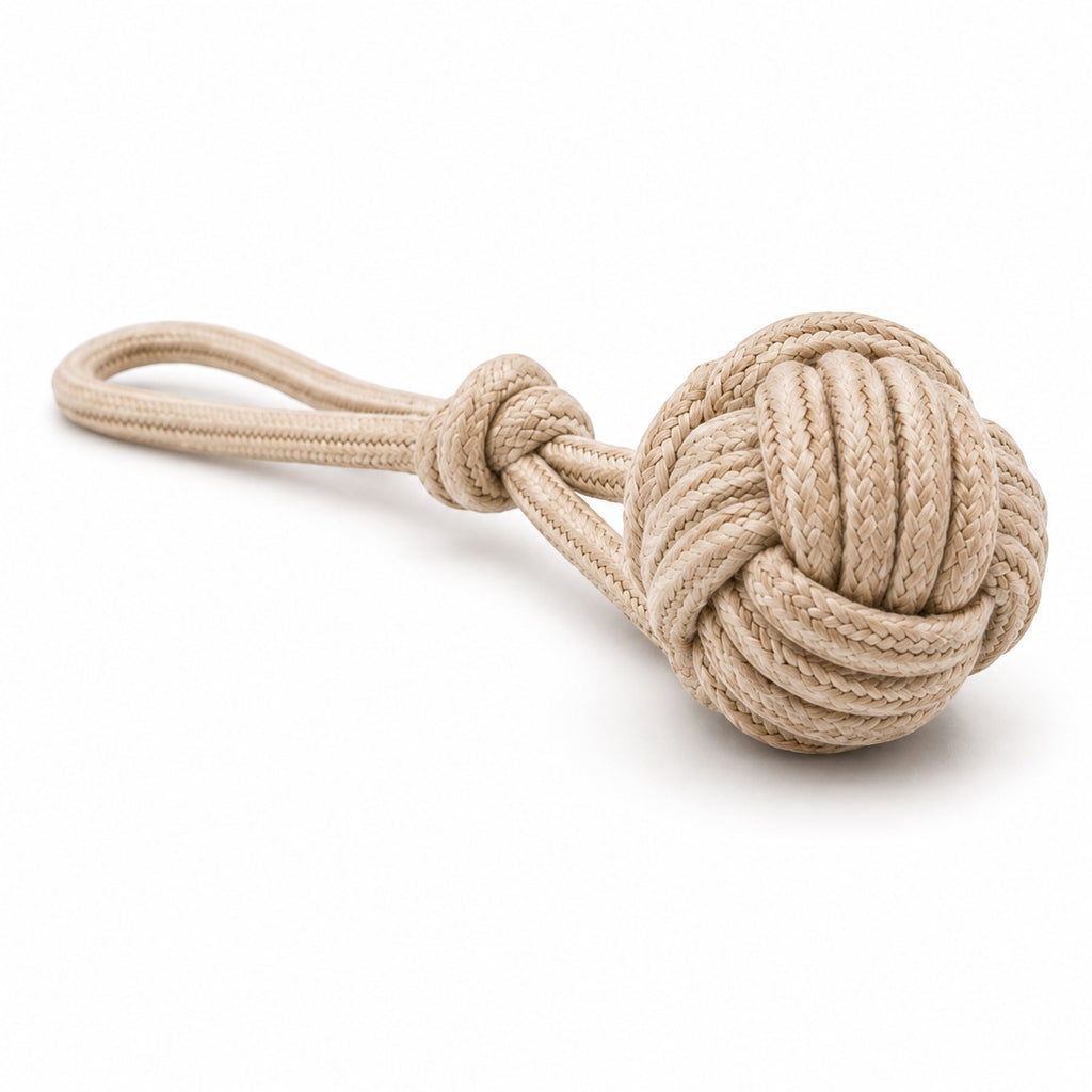 Tap2Own natural-colored rope dog toy with monkey fist knot and loop handle for tugging and chewing.