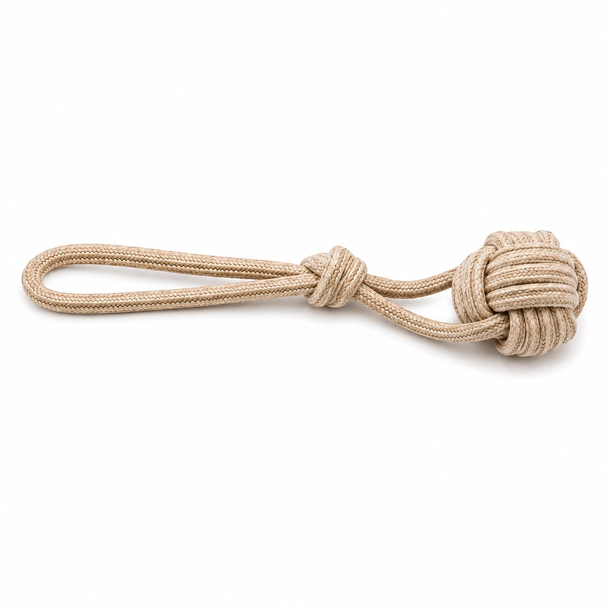 Tap2Own natural-colored rope dog toy with monkey fist knot and loop handle for tugging and chewing.