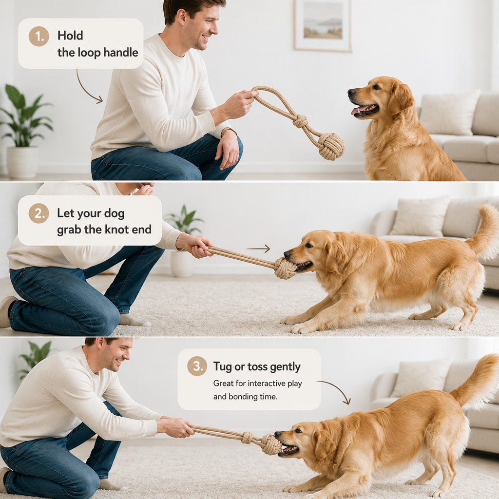 Tap2Own natural rope dog toy with monkey fist knot, perfect for tugging and chewing. A man plays with a golden retriever.