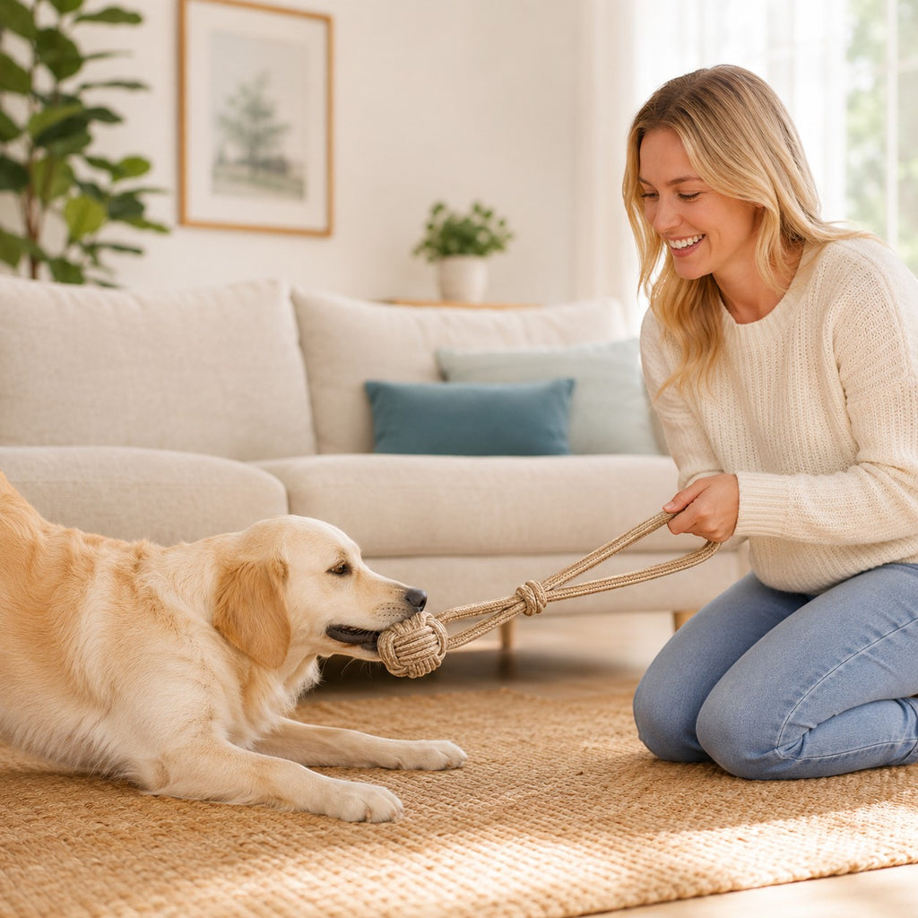 Tap2Own natural rope dog toy with monkey fist knot, perfect for tug-of-war and chewing.
