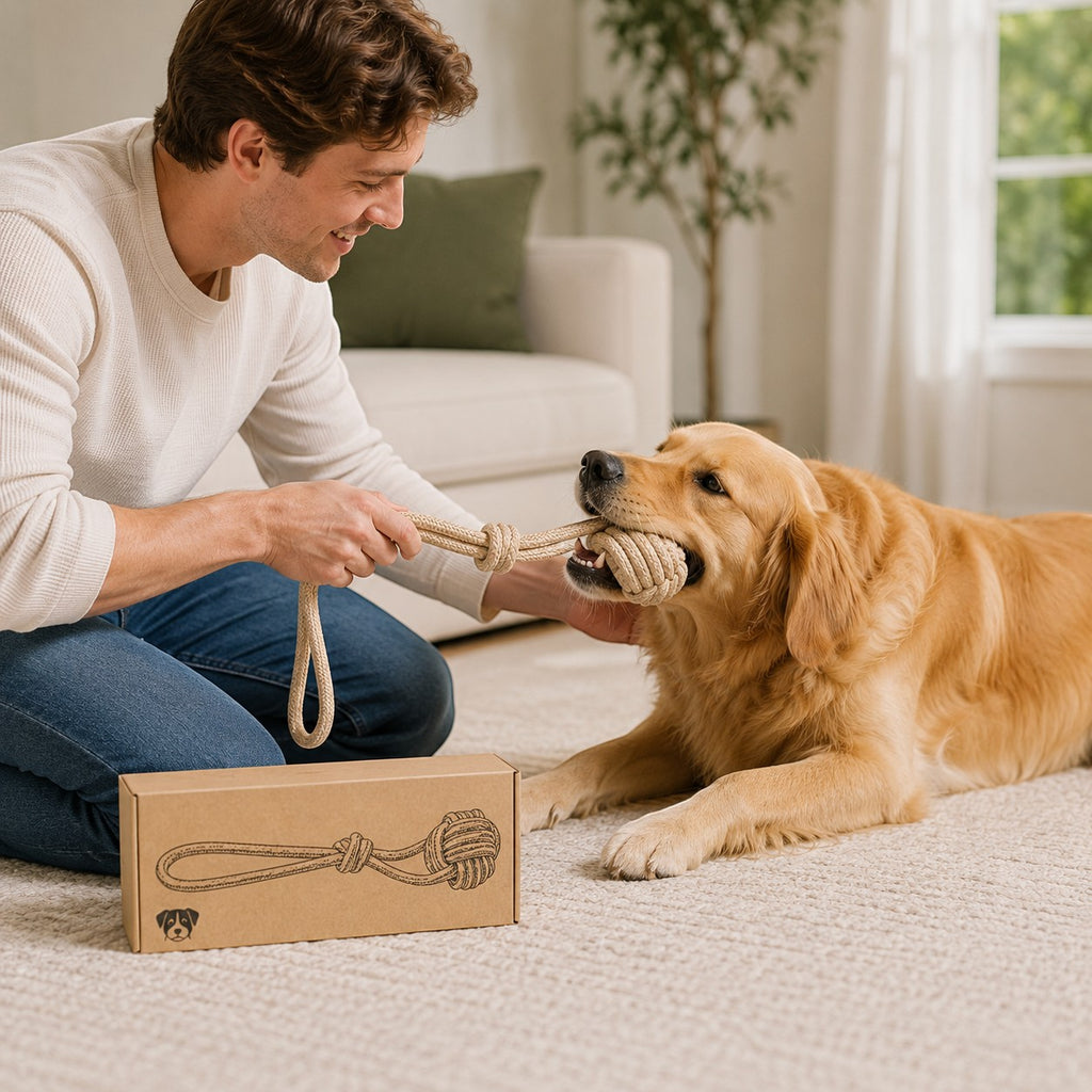 Tap2Own natural-colored rope dog toy with monkey fist knot, being played with by a golden retriever and owner.