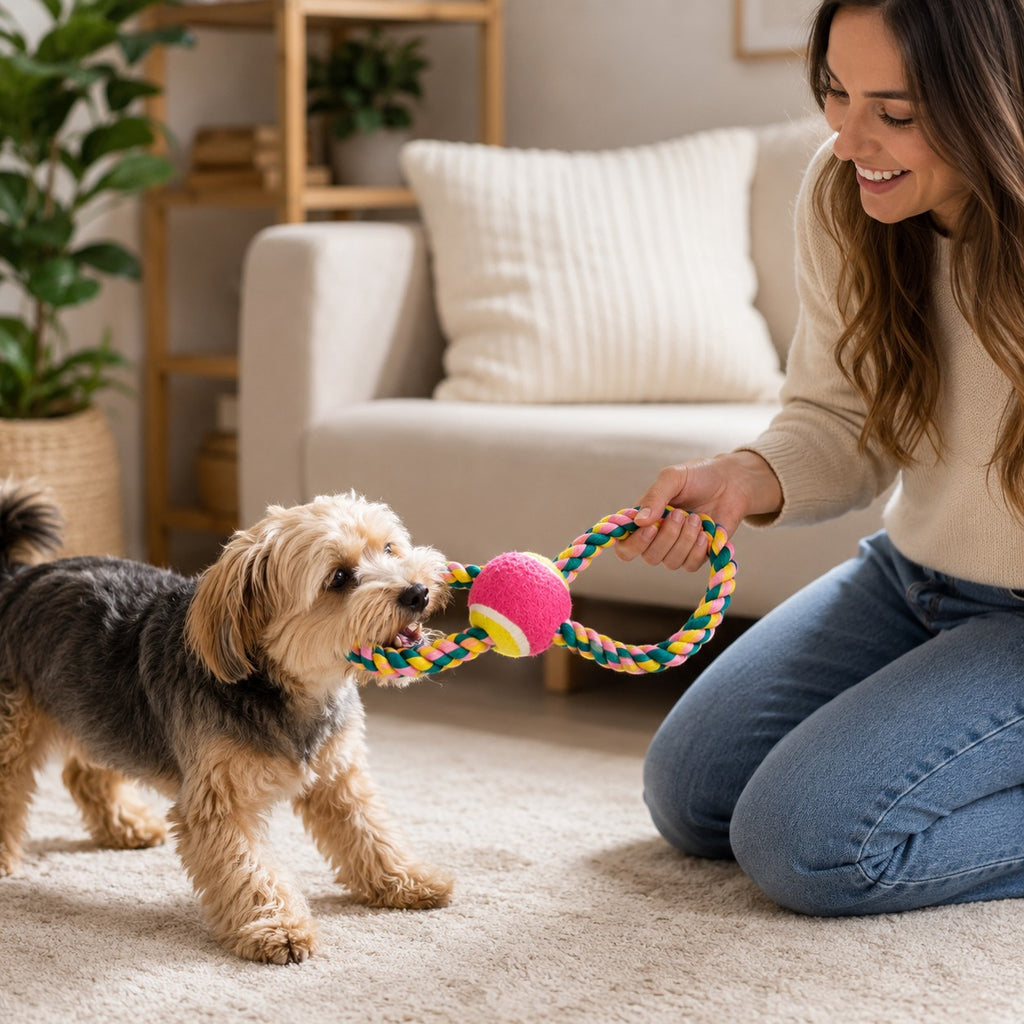 Tap2Own multi-colored braided rope dog toy with tennis ball, a woman plays tug-of-war with her dog.