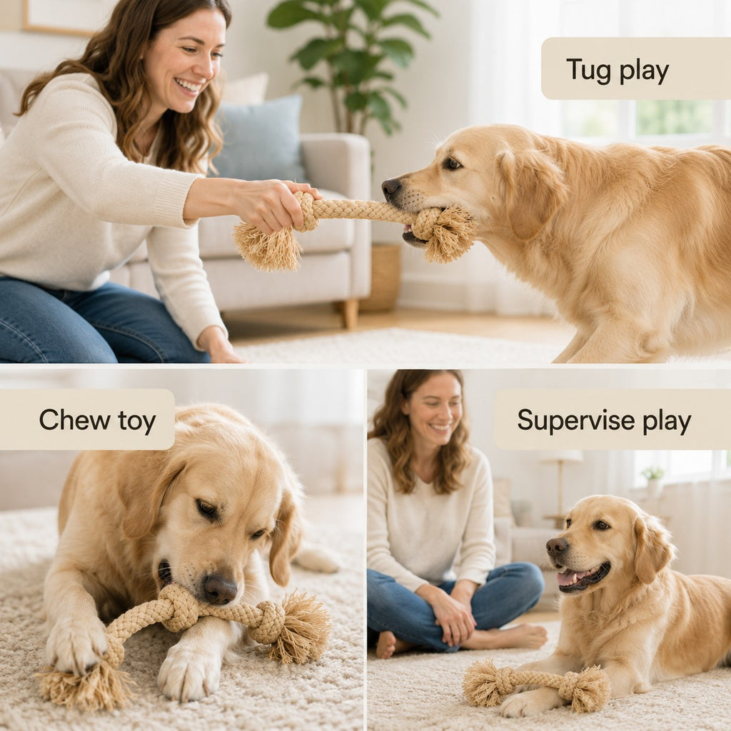 Tap2Own natural rope dog tug toy for interactive play, chewing, and dental health. Features knotted ends and durable construction.
