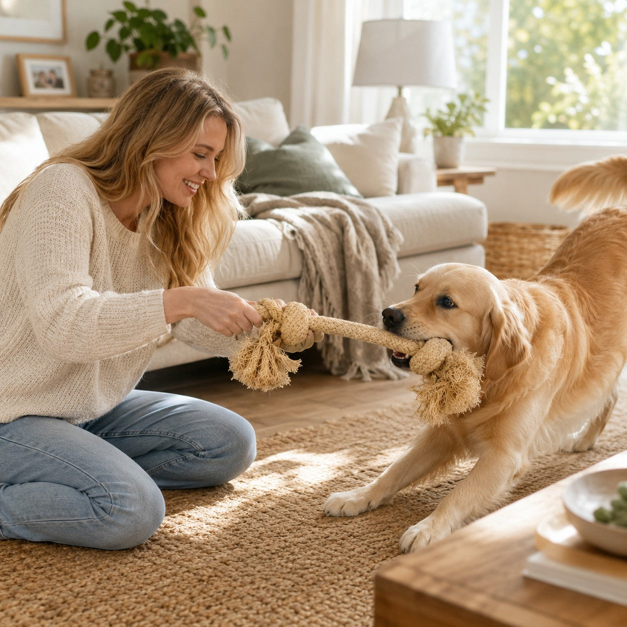 Tap2Own natural rope dog chew and tug toy with tassels, being played with by a golden retriever and a woman.