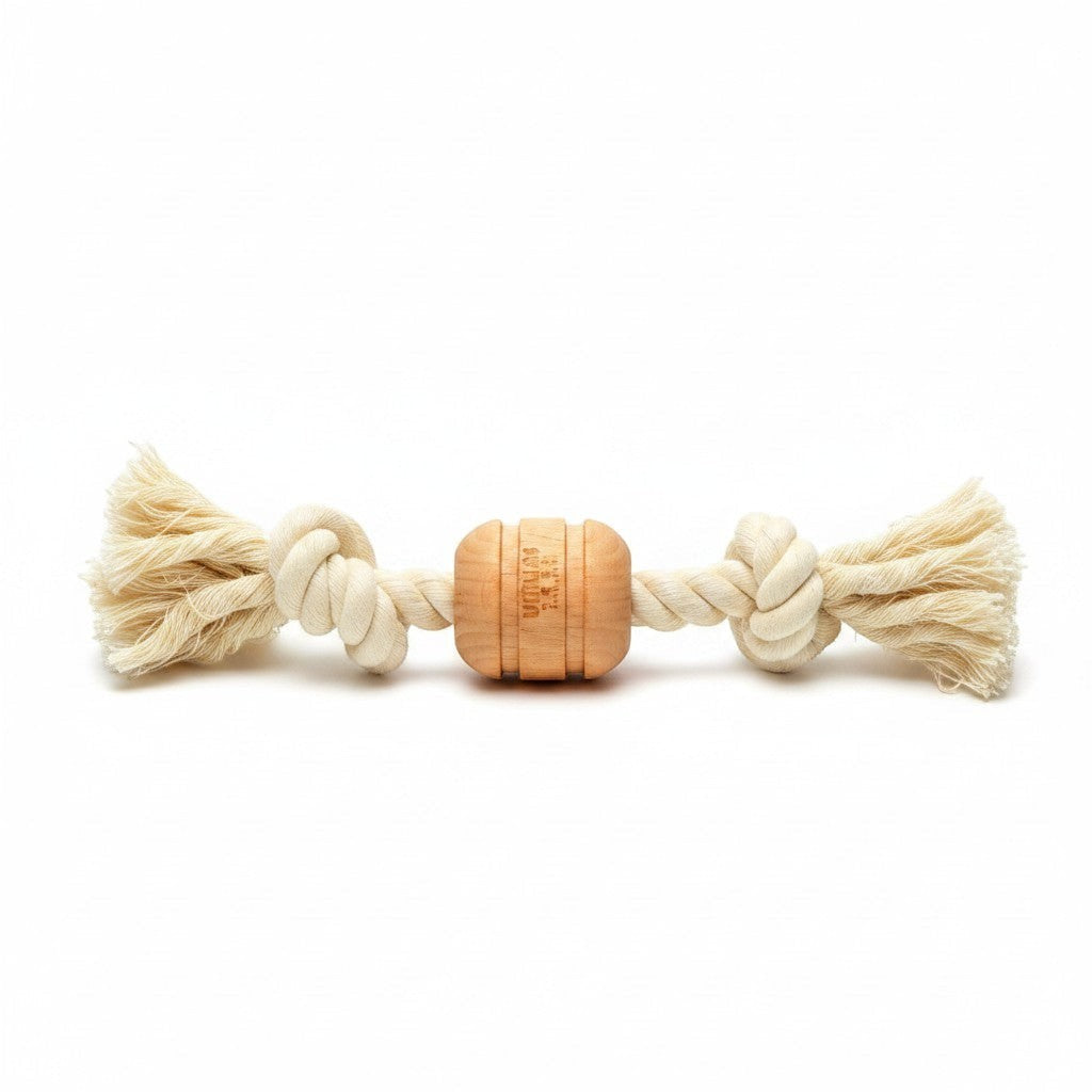 Tap2Own Wooden and Rope Dog Tug Toy with natural wood bead and frayed rope ends for interactive play.