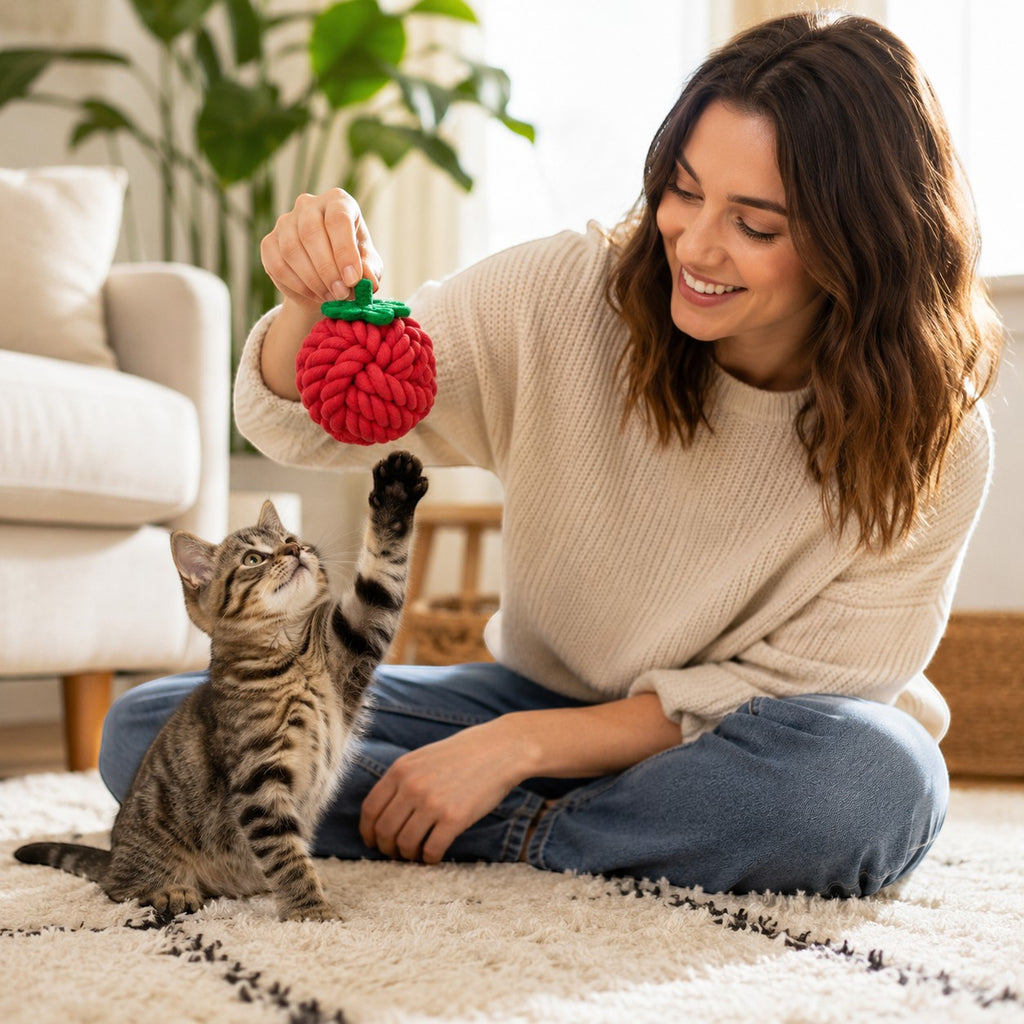 Tap2Own red woven rope fruit cat toy with green stem, held by a smiling woman playing with a tabby kitten.