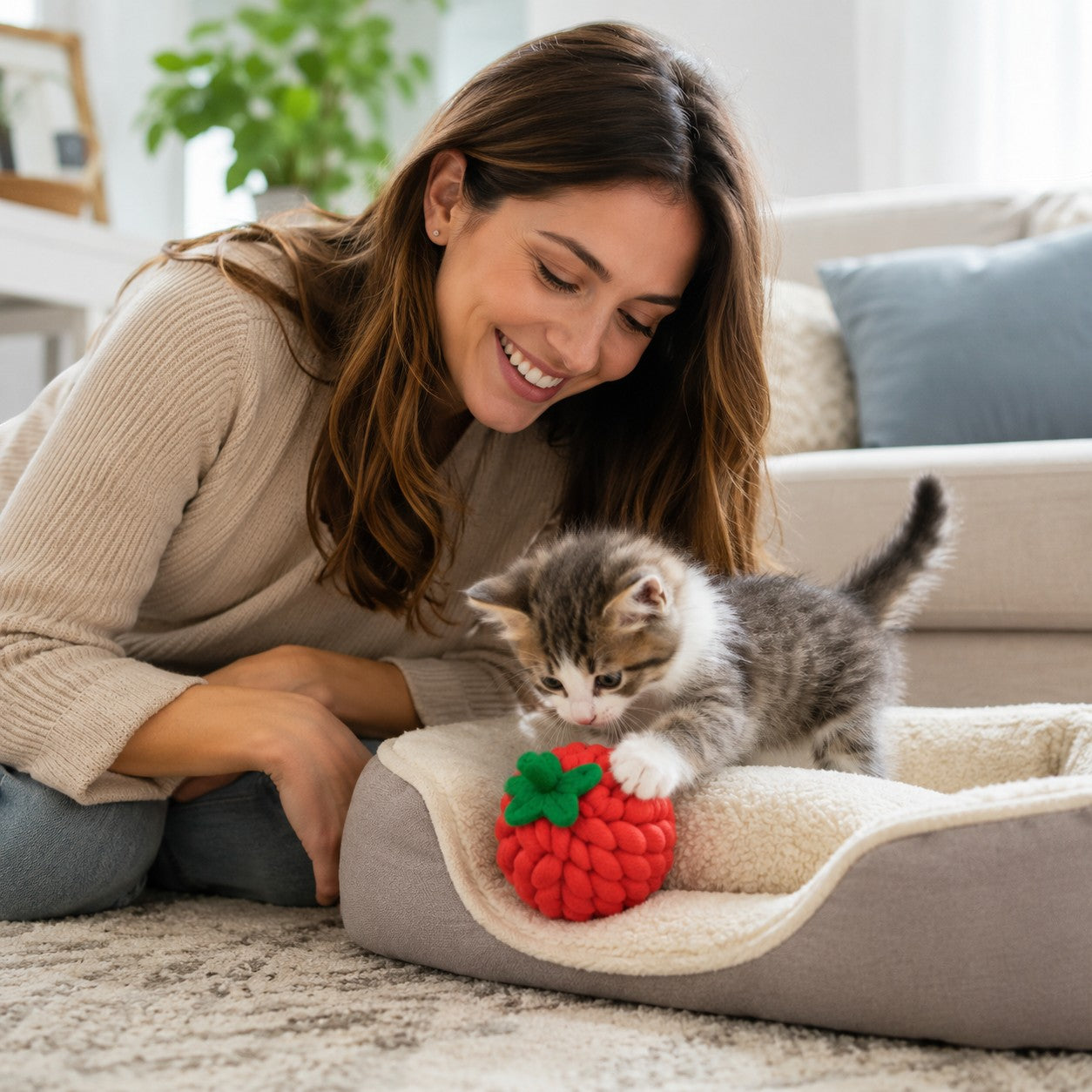 Tap2Own red woven rope strawberry cat toy with green stem, held by a kitten.