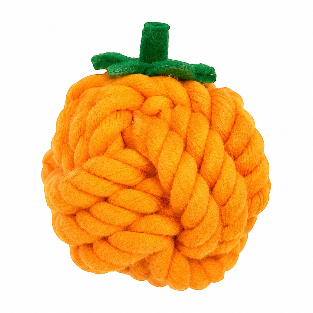 Tap2Own orange woven rope pumpkin cat toy. Durable, textured rope for chewing and dental health.