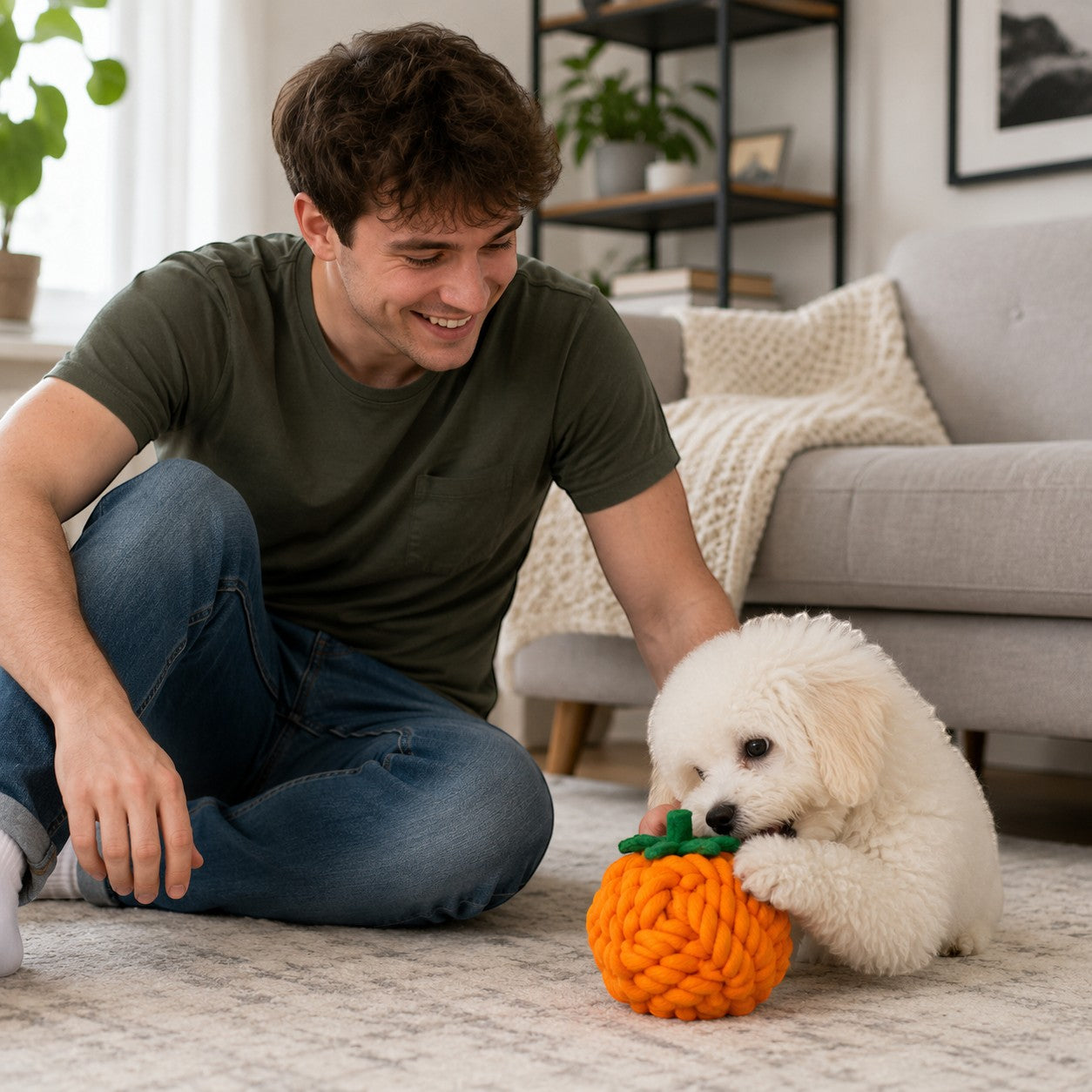 Tap2Own orange woven rope pumpkin cat toy with green stem, being chewed by a white puppy.